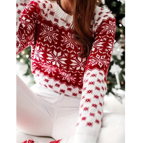 Roundneck Nordic Snowflake Red & White Knit Christmas Sweater - Picture 1 of 5